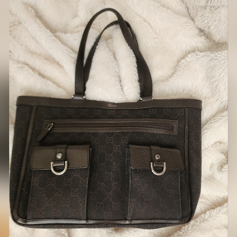 Authentic GUCCI BROWN GG CANVAS/LEATHER ABBEY TOTE HANDBAG MADE in ITALY